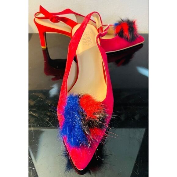 Franco Sarto Suede Slingback Heels Size 8.5 M NWT 3" Heel Red With Faux Fur Poof - Picture 2 of 11